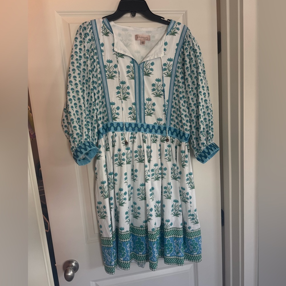 Philosophy White and Teal Floral Cotton Dress with Puff Sleeves